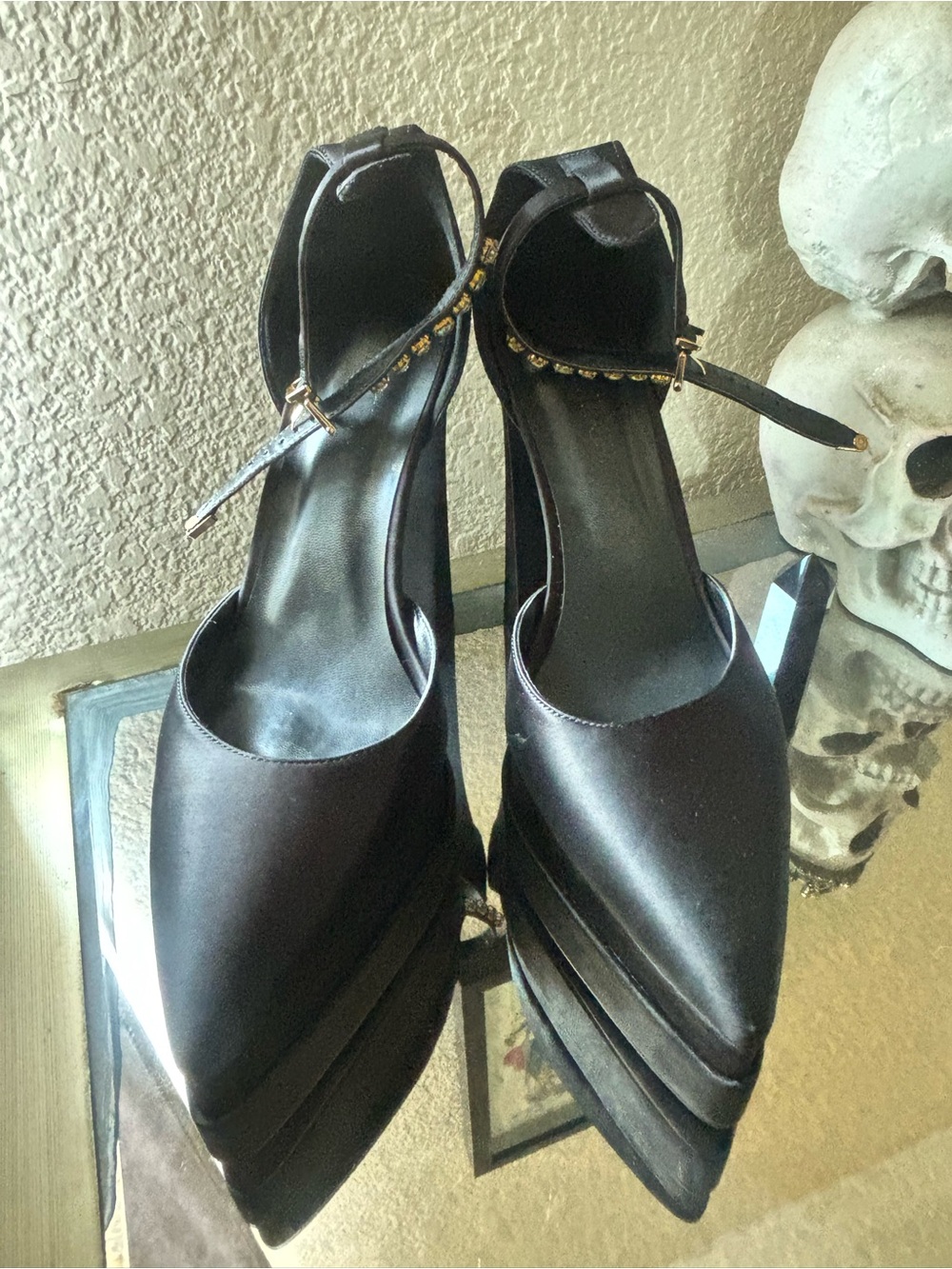 Black Satin Pointed-Toe Ankle Strap Heels